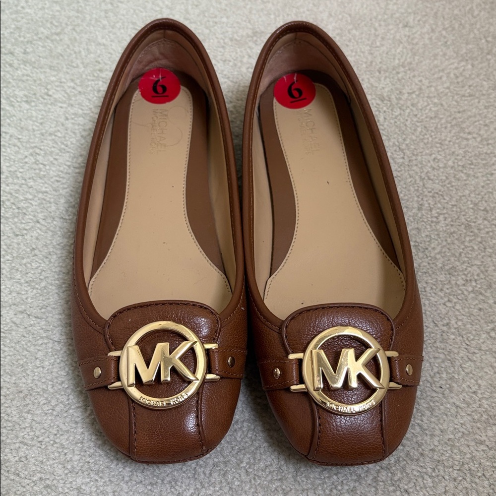 Michael Kors Brown Leather Ballet Flats with Gold Logo